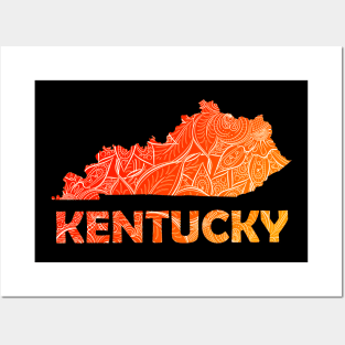 Colorful mandala art map of Kentucky with text in red and orange Posters and Art